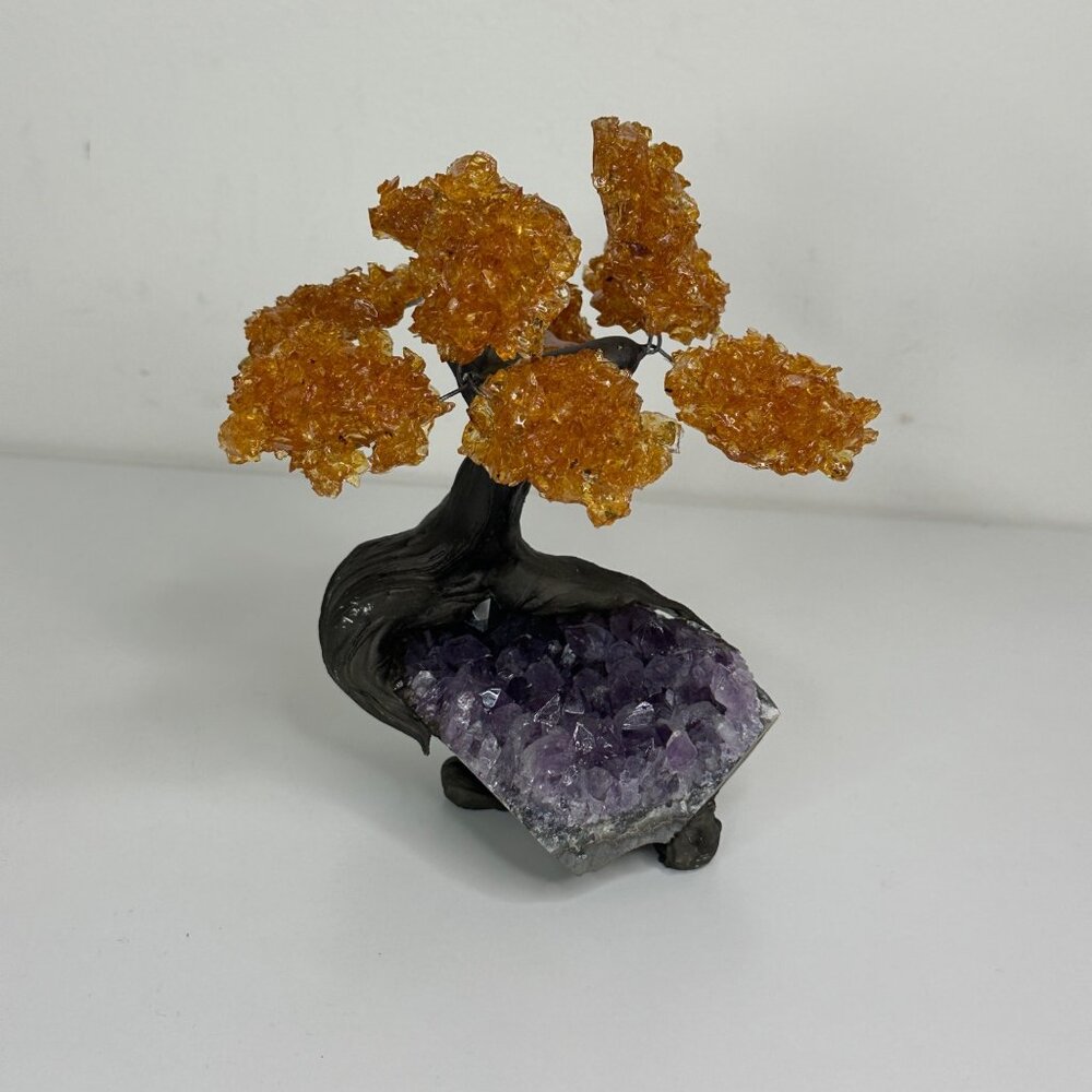 Amethyst Bonsai Tree Sculpture With Orange Citrine Cluster Leaves On Black Trunk